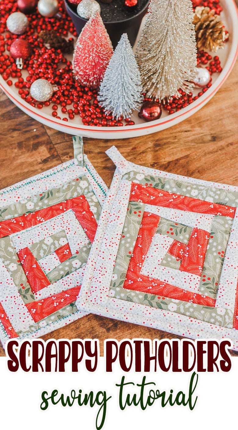 Create beautiful scrappy Christmas potholders with this sewing tutorial. Use up scraps of fabric to add flare to your kitchen this holiday season. Simple sewing tutorial.