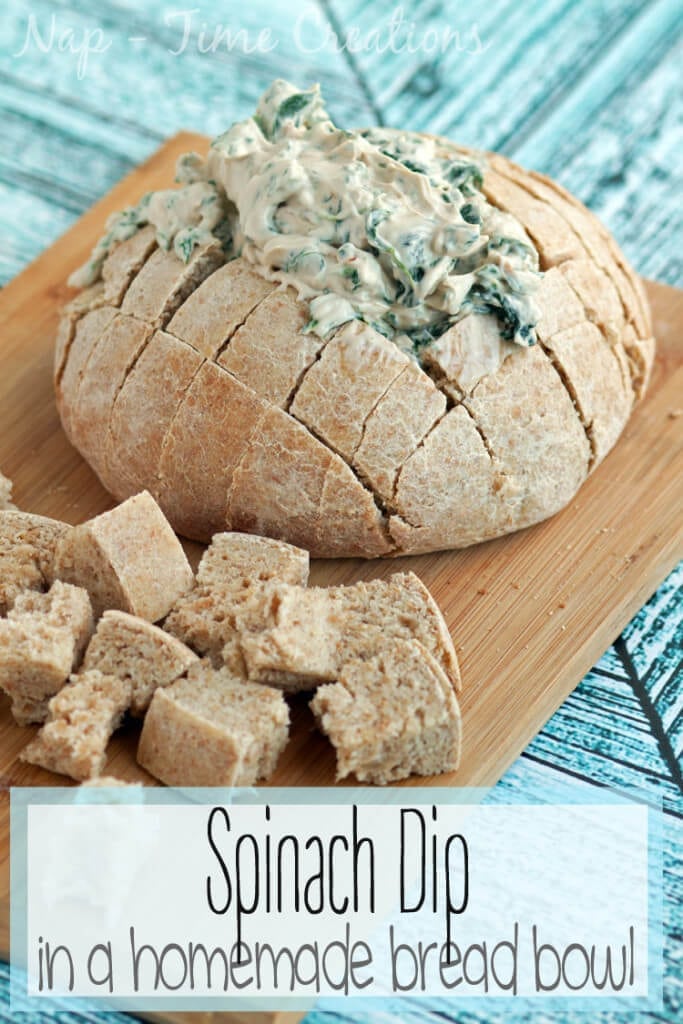 spinach dip in bread bowl tasty appetizer with easy dip and homemade bread found on Nap-Time Creations