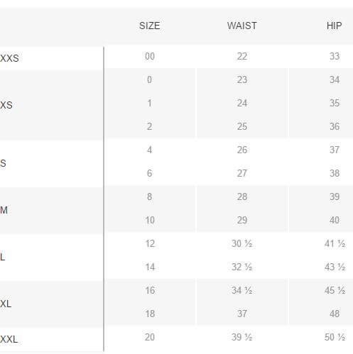 Pajama Jeans Size Chart