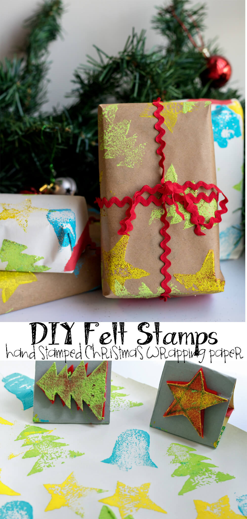 DIY Felt Stamps for Hand Stamped Christmas Wrapping Paper from Nap-Time Creations