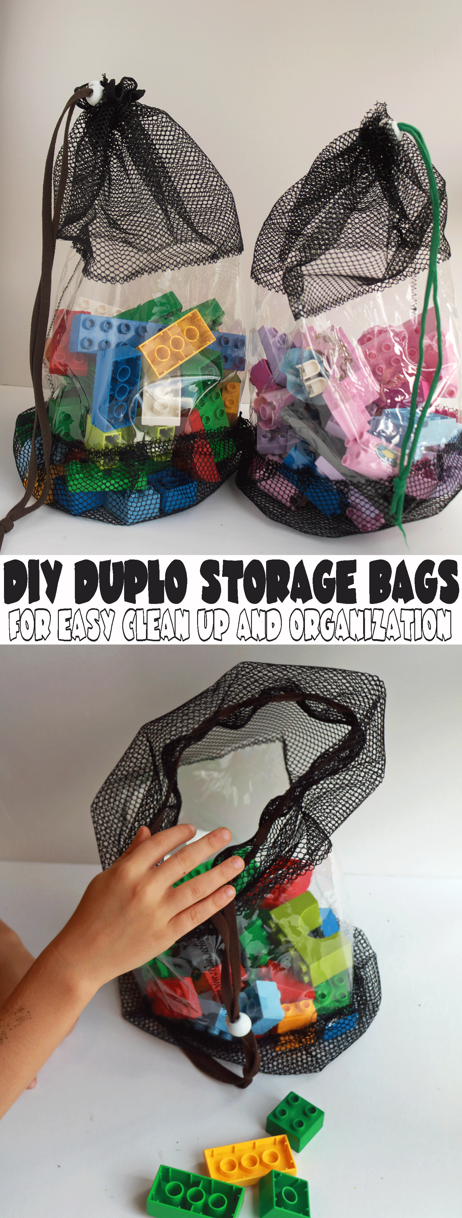Easy DUPLO Organization and clean up DIY mesh bags from Nap-Time Creations