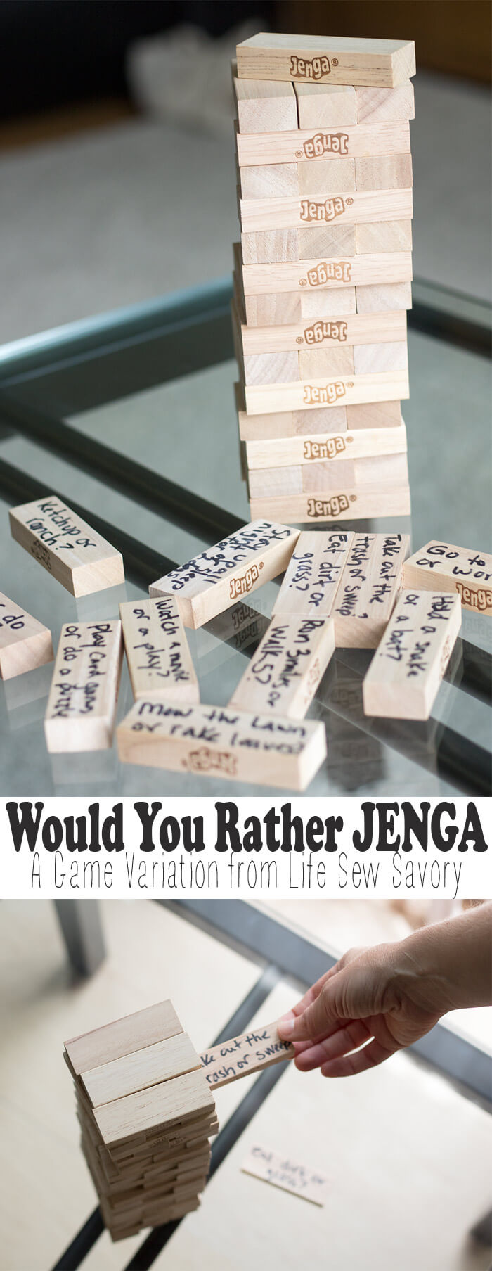 Would you rather game JENGA version for family game night from Life Sew Savory