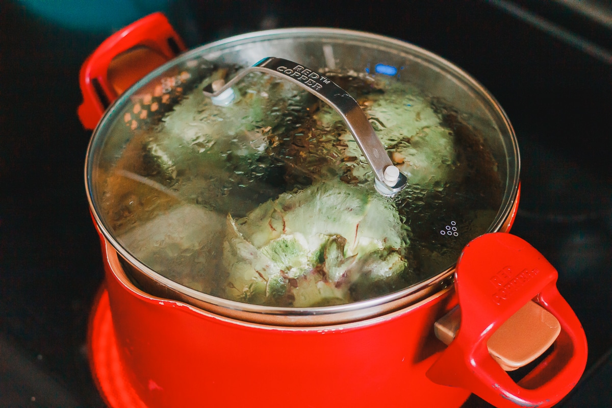 boil artichokes in large pot