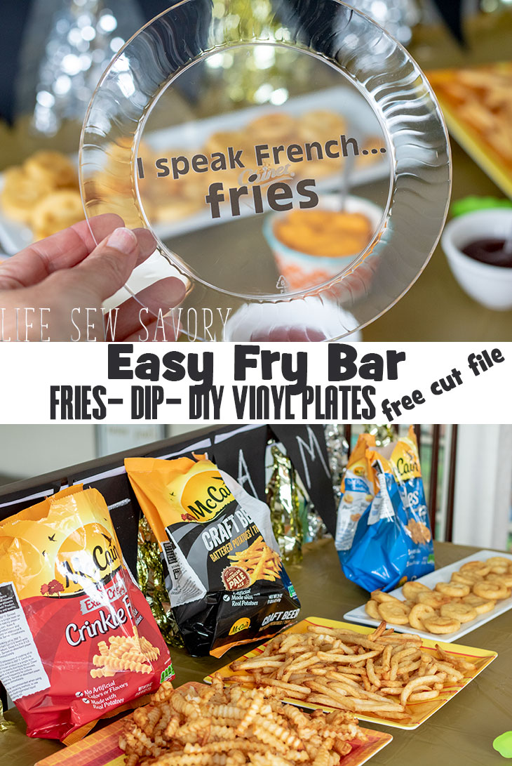 Game Day Fry Bar Ideas with dips and diy french fry plates free cut file from Life Sew Savory