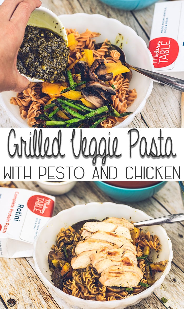 grilled vegetable pasta recipe with pesto and chicken. Summer easy grill recipe plus gluten free pasta option from Life Sew Savory