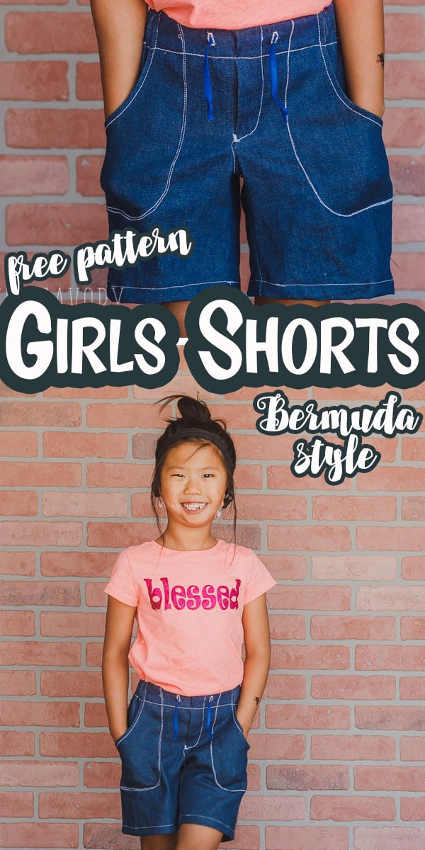 A free shorts pattern to make girls Bermuda style shorts. Learn how to sew shorts and make a cute pair of girls Bermuda shorts with this printable pattern and tutorial