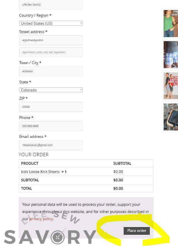 purchase free patterns checkout with details