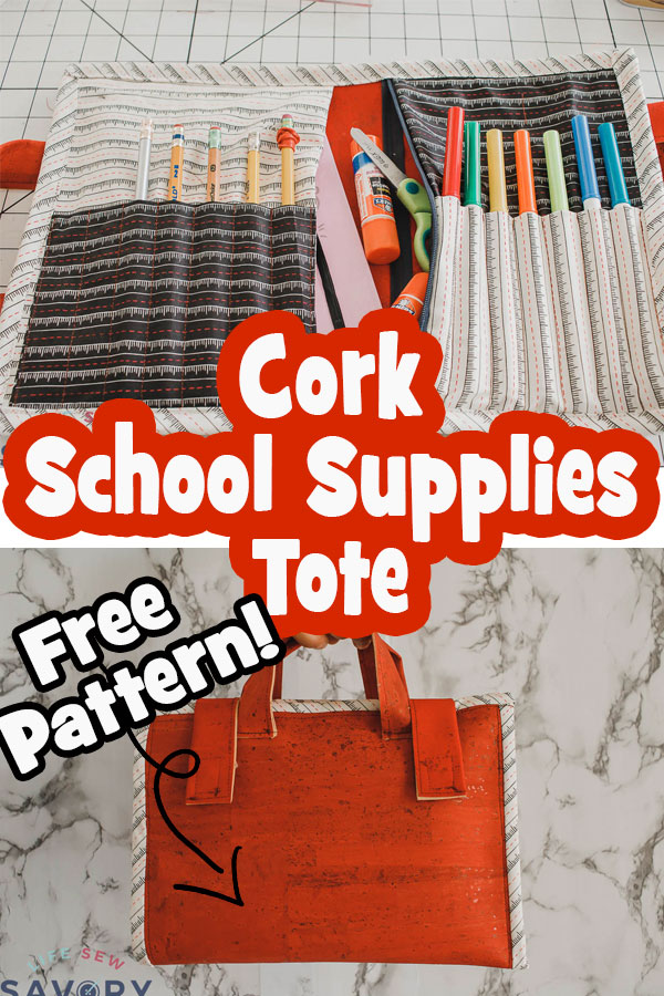 Sew a school supply tote bag with cork fabric and this free sewing pattern from Life Sew Savory