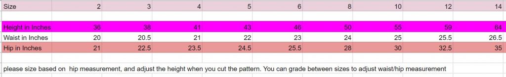 girls skirt size chart