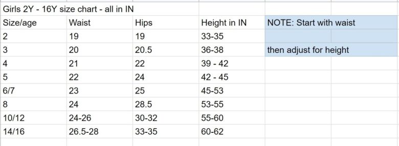 girls shorts size chart