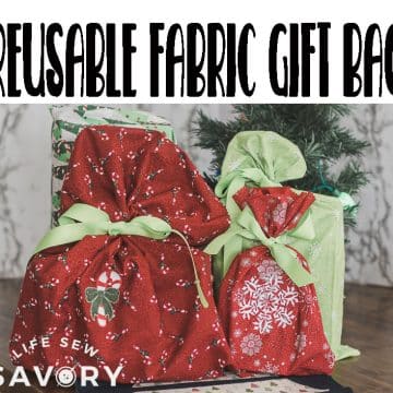 Fabric gift bag with christmas fabric for reusable gift wrapping