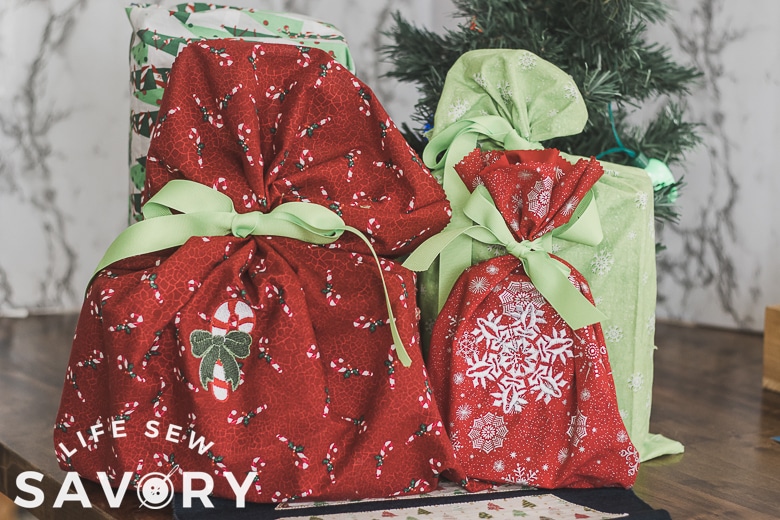 fabric gift bag with Christmas fabric
