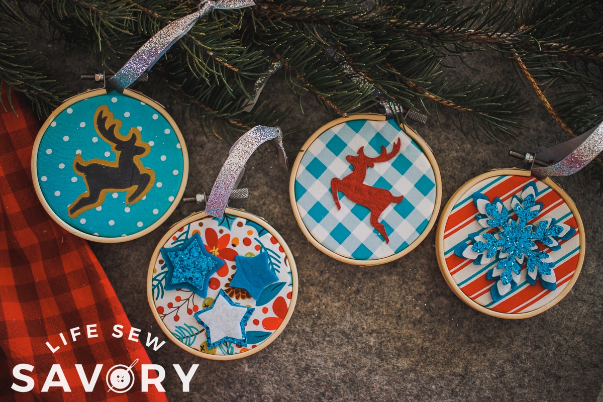 fabric ornaments in mini embroidery hoops