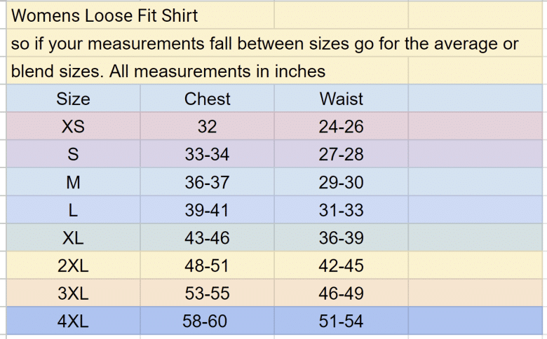 oversized tee size chart