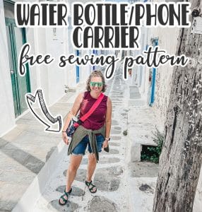 Sew this DIY water bottle holder from the included free pdf pattern. In addition to a perfect water bottle holder, this carrier also has a zip pocket for your phone or other valuables. Perfect sewing project for travel or adventuring.