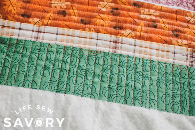 third piece on fall runner, quilted as you go