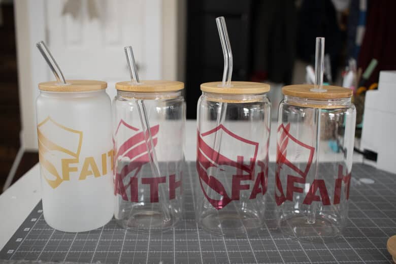 drinking glasses with bamboo lids, added custom sublimation
