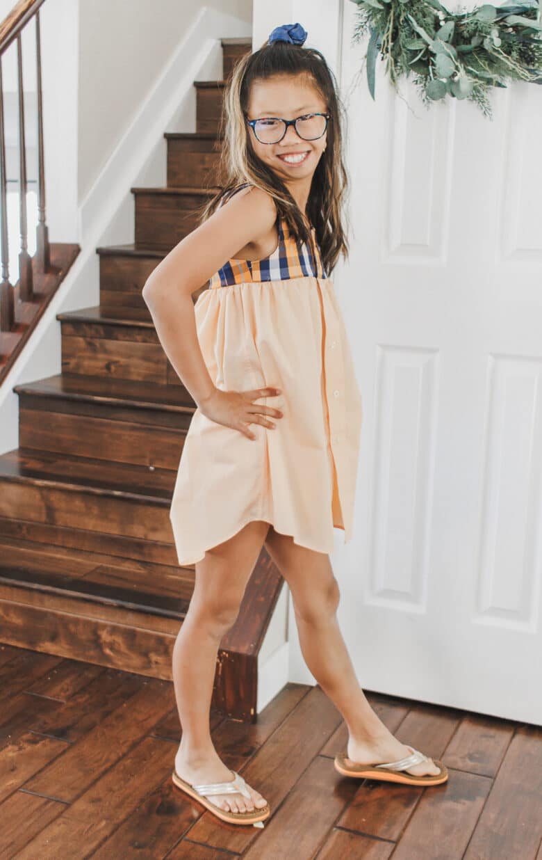 upcycle refashion of a mens shirt into a girls tank dress