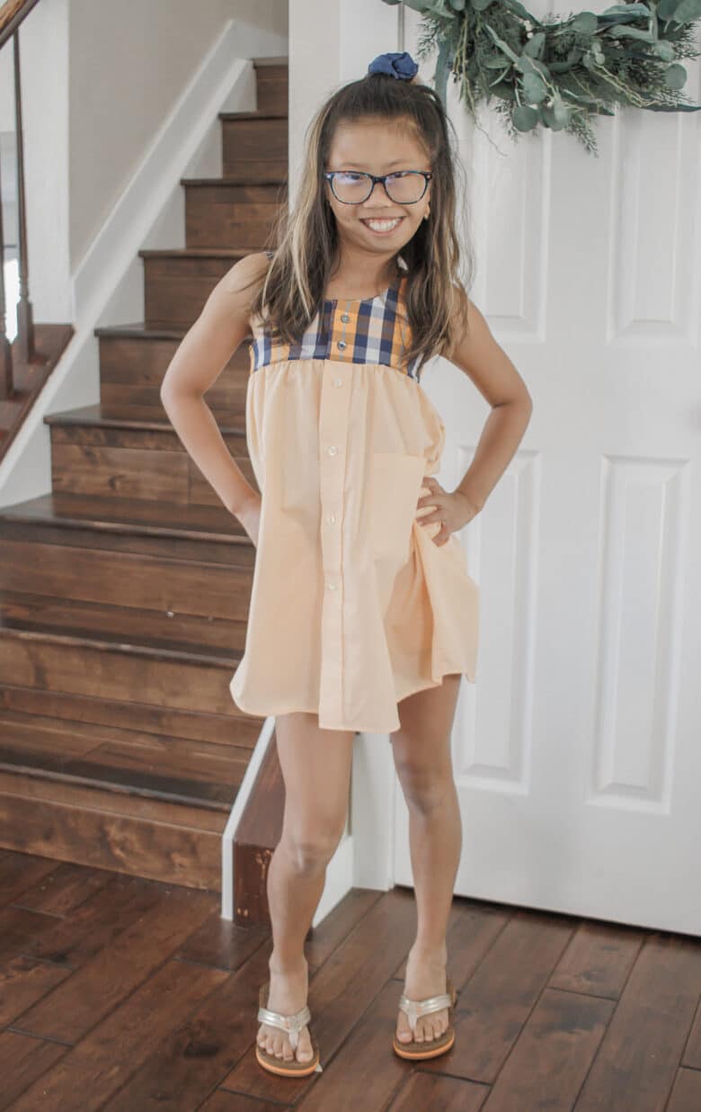 upcycle refashion of a mens shirt into a girls tank dress