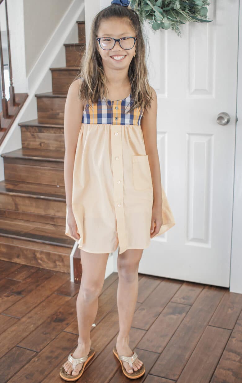 upcycle refashion of a mens shirt into a girls tank dress