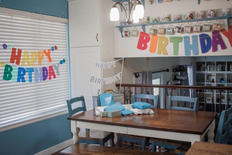decorated for birthday dinner Happy Birthday felt garland