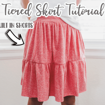 Learn how to sew an easy knit skirt with built in shorts in any size. Perfect for back to school playwear. This tiered skirt is super cute, but made for fun with the built in shorts. Free shorts pattern and skirt tutorial.