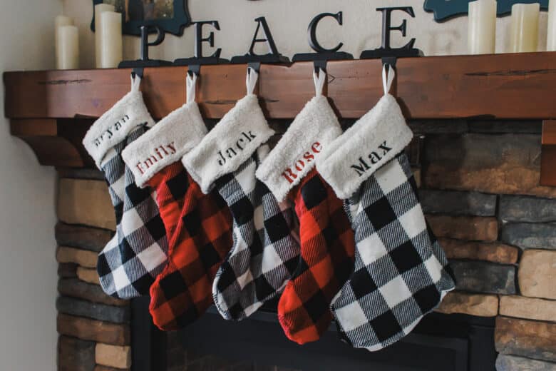 embroidered Christmas stockings sewn from a blanket