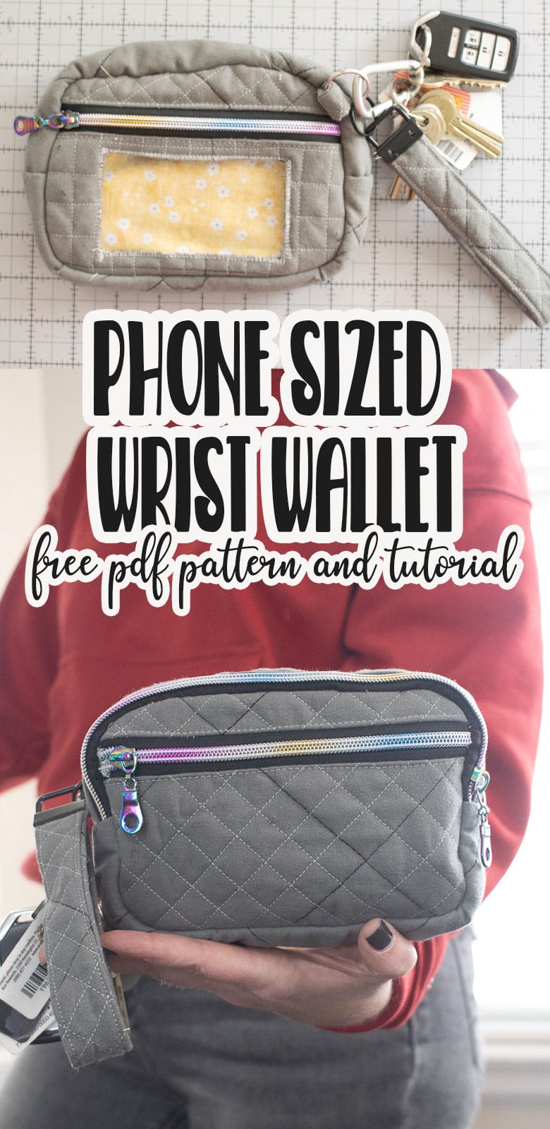 create a phone wristlet wallet with this free pdf sewing pattern and tutorial. This wallet is the perfect size for your phone and other necessities. The wrist strap will make sure you keep your keys and wallet with you wherever you go.