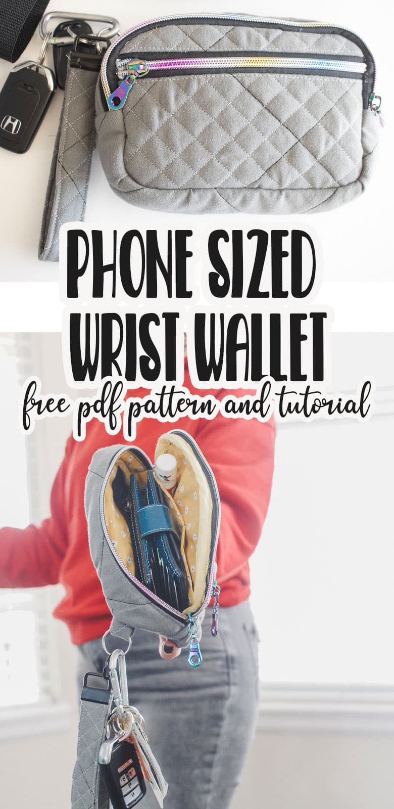 create a phone wristlet wallet with this free pdf sewing pattern and tutorial. This wallet is the perfect size for your phone and other necessities. The wrist strap will make sure you keep your keys and wallet with you wherever you go.