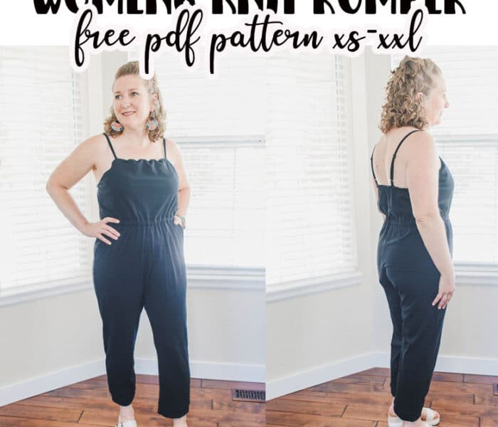 Sew up this womens knit romper from this free pattern for the perfect outfit for all seasons. Perfect for layers and all temperatures, this knit romper is the perfect closet staple. This free pdf pattern will give you everything you need to sew a cute knit romper.