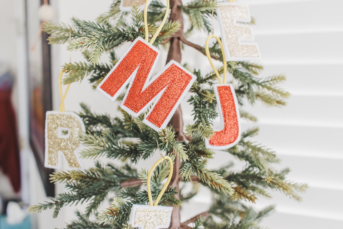 DIY glitter ornaments with letter monogram felt tutorial