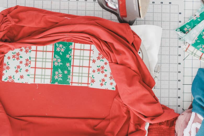 ready to stitch again, fabric on shirt