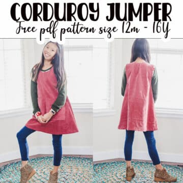 Grab the free corduroy jumper free pdf pattern and tutorial! Super cute and cozy, the corduroy jumper pattern is the perfect layering piece for cooler weather and so cute too. Download the free sewing pattern and use the tutorial here to put it together.