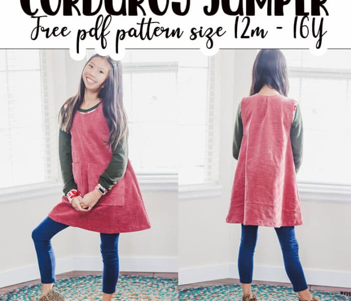 Grab the free corduroy jumper free pdf pattern and tutorial! Super cute and cozy, the corduroy jumper pattern is the perfect layering piece for cooler weather and so cute too. Download the free sewing pattern and use the tutorial here to put it together.