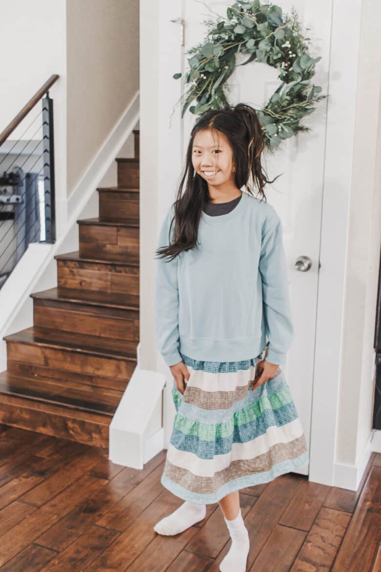 dress sewn with a sweatshirt and fabric