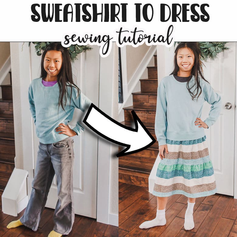 Turn a sweatshirt into a dress with this fun sewing tutorial. Grab a sweatshirt and some coordinating fabric and turn it into a dress with this DIY sewing tutorial. Fun and easy upcycle fashion.