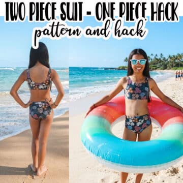 Learn how to turn a one piece swim suit into a two piece suit. This sewing hack uses my girls classic suit, but you can use this sewing hack to turn any one piece suit into a two piece suit.
