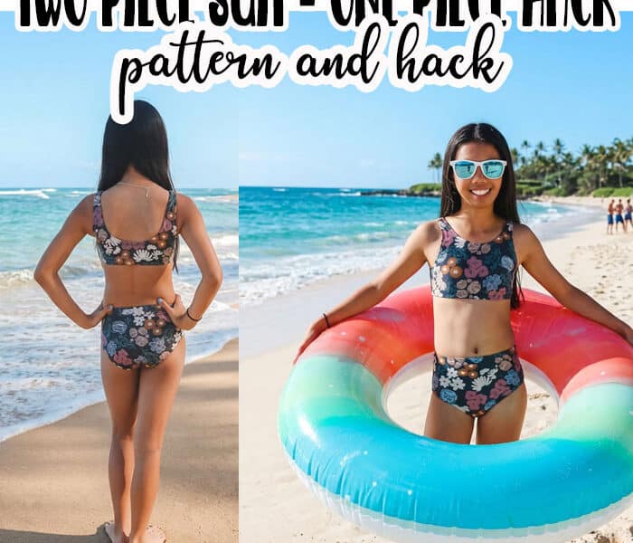 Learn how to turn a one piece swim suit into a two piece suit. This sewing hack uses my girls classic suit, but you can use this sewing hack to turn any one piece suit into a two piece suit.