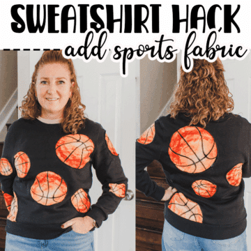 Learn how to create a fun basketball sweatshirt with a mashup of a cozy blanket and sweatshirt. This Basketball Sweatshirt hack is an easy sewing project.